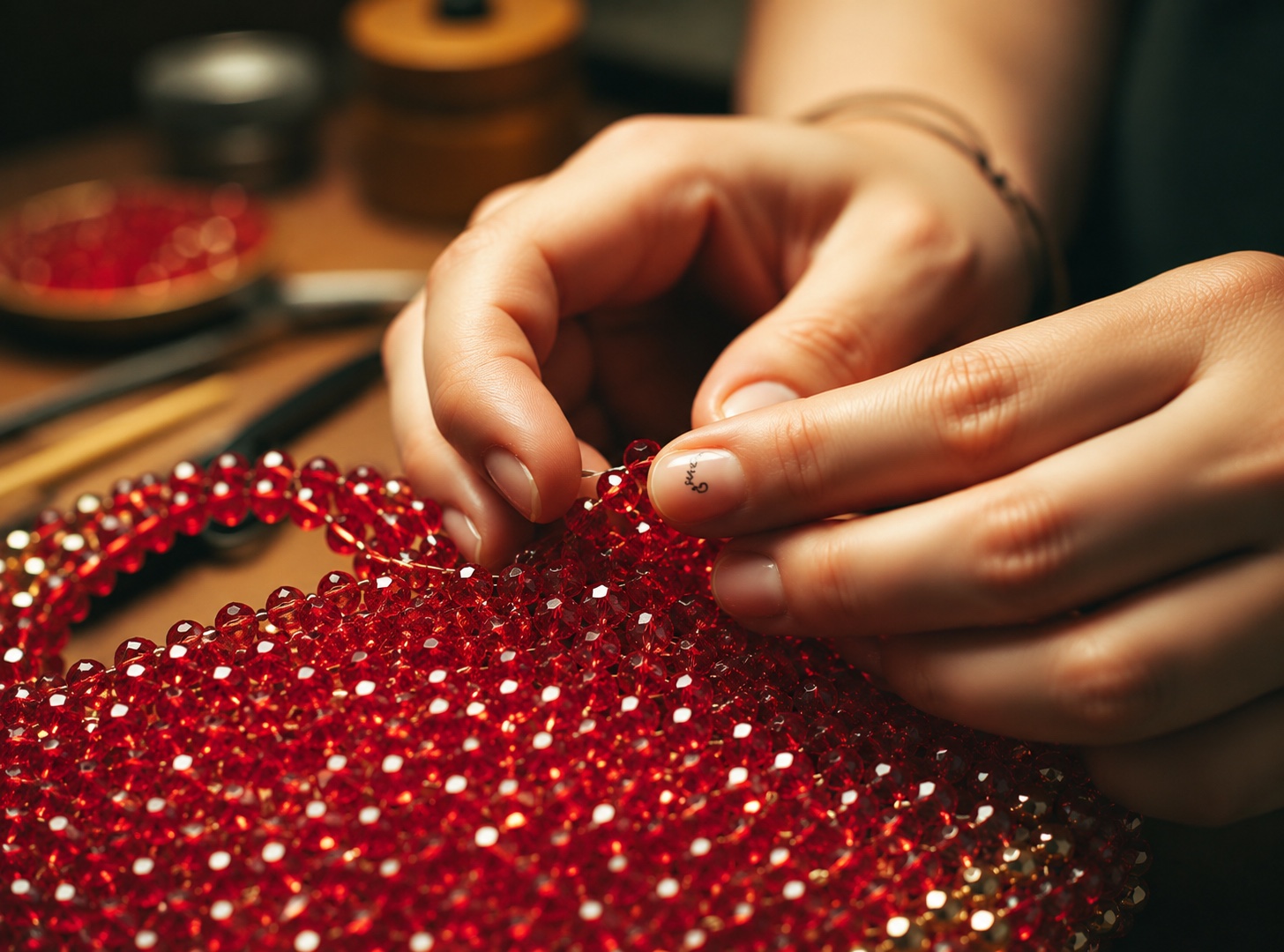 Hands stitching the edge of a leather strap in the eNKay workshop