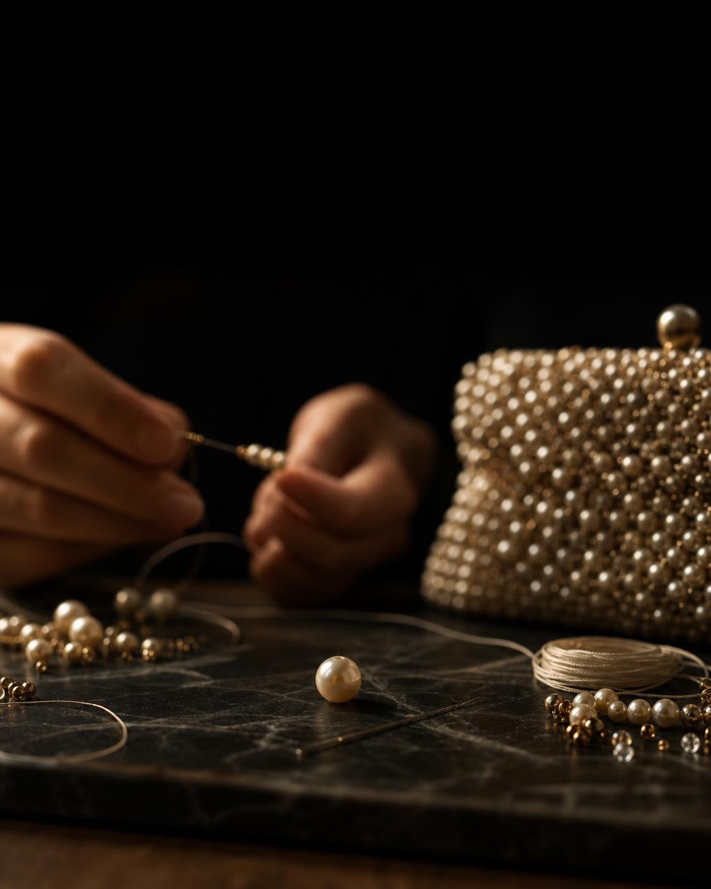 A model wearing the eNKay beaded evening bag